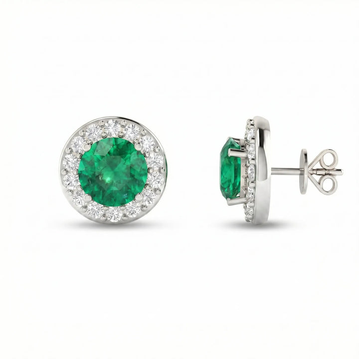 Noble Halo Round Emerald Diamond Earrings