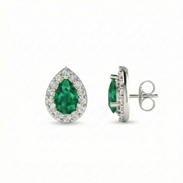 Noble Halo Pear-Cut Emerald Diamond Earrings