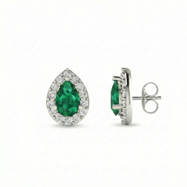 Noble Halo Pear-Cut Emerald Diamond Earrings