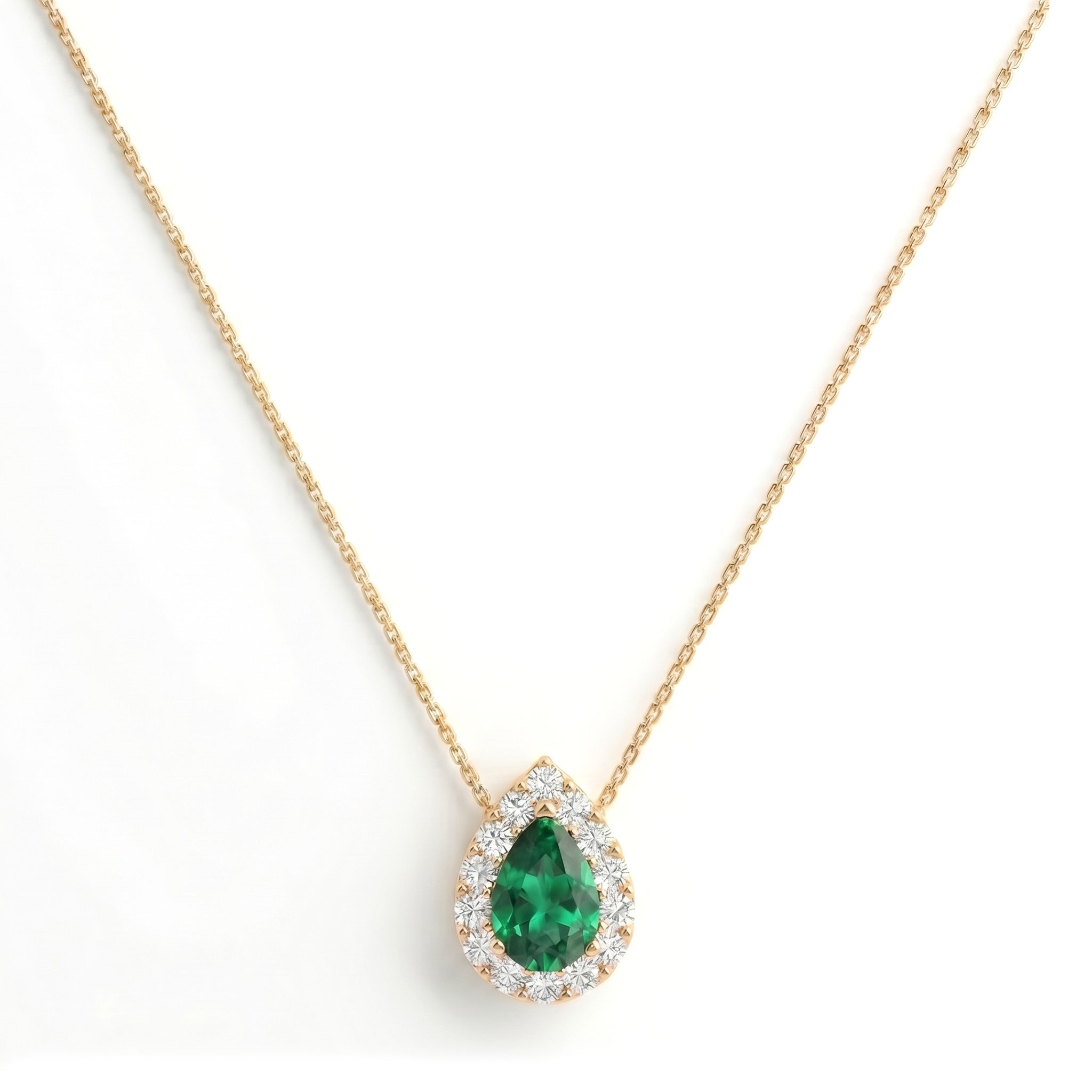 Noble Halo Pear-Cut Emerald Diamond Necklace
