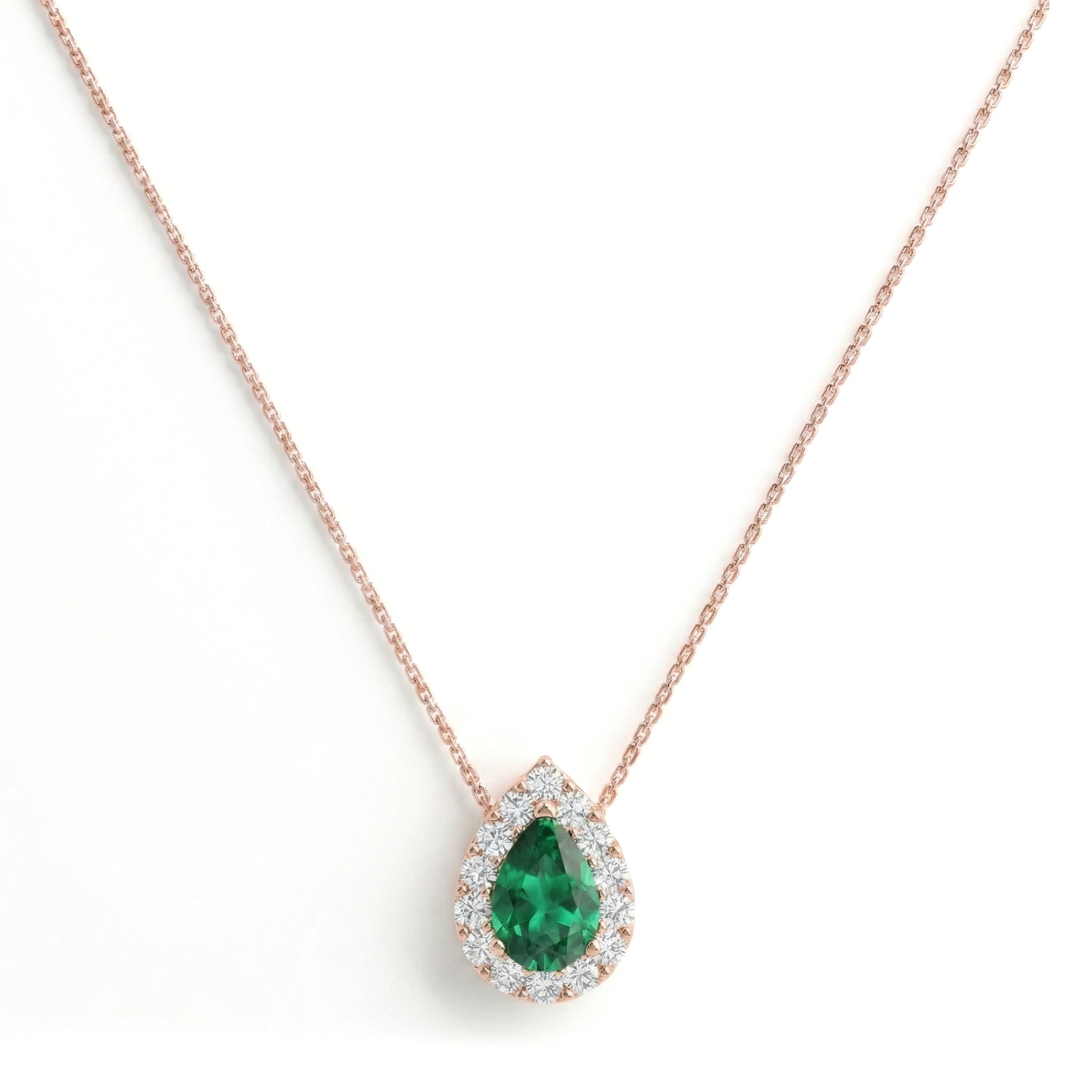Noble Halo Pear-Cut Emerald Diamond Necklace