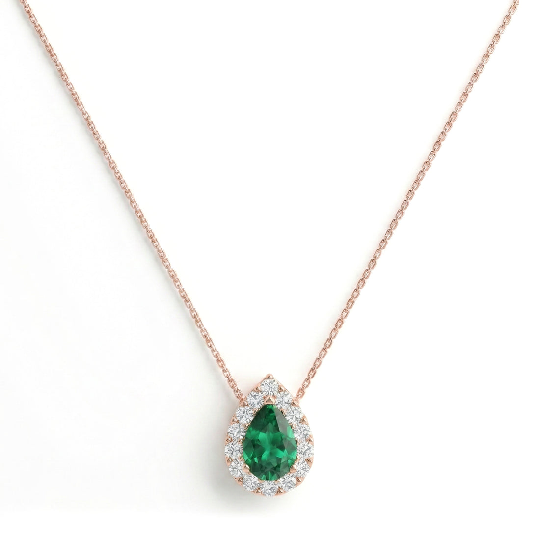 Noble Halo Pear-Cut Emerald Diamond Necklace