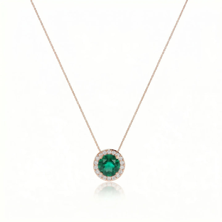 Noble Halo Round Emerald Diamond Necklace