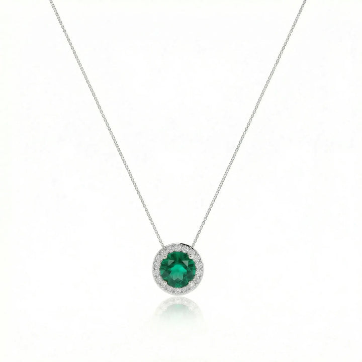 Noble Halo Round Emerald Diamond Necklace