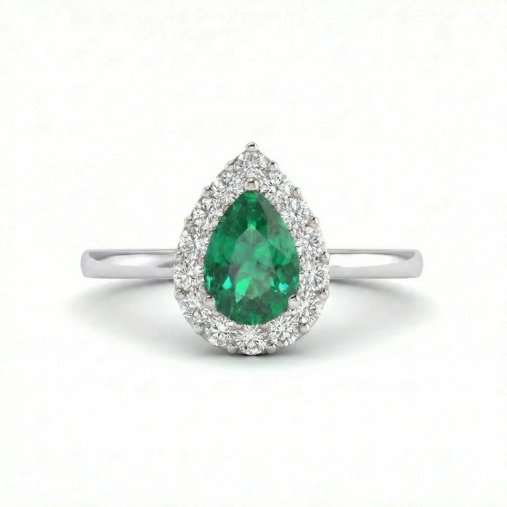 Noble Halo Pear-Cut Emerald Diamond Ring