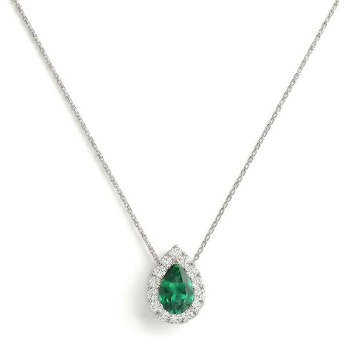Noble Halo Pear-Cut Emerald Diamond Necklace